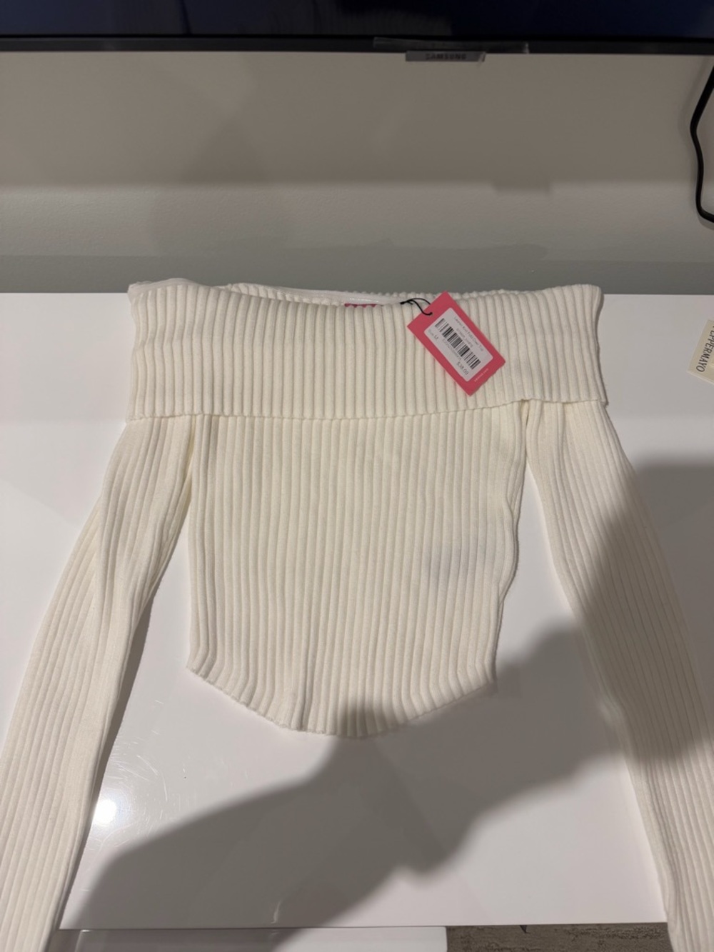 Edikted Ribbed Fold-Over Knit Top in Cream